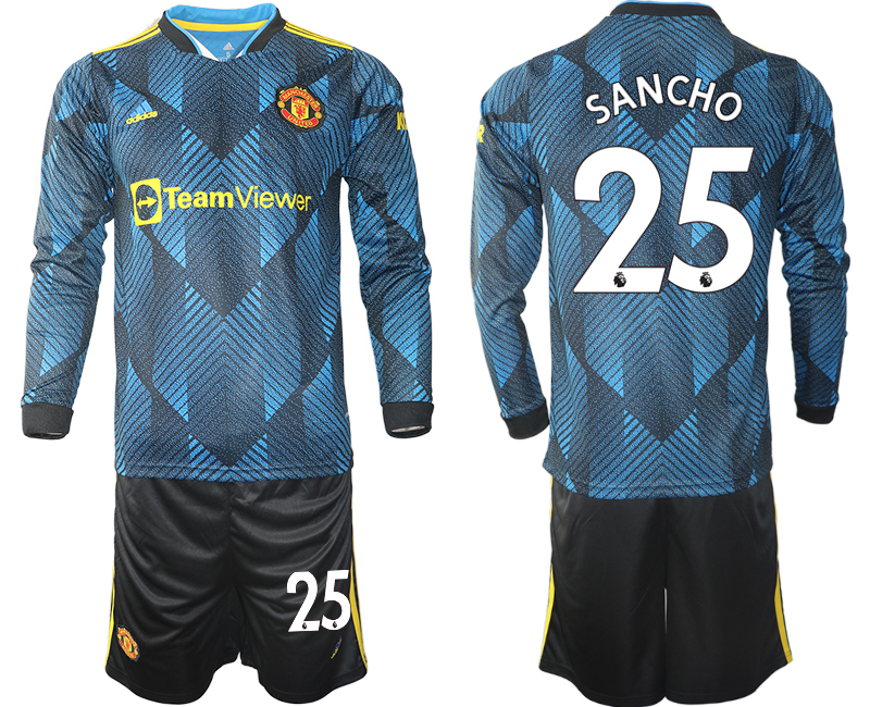 Men 2021-2022 Club Manchester united second away blue Long Sleeve #25 Soccer Jersey->paris st german jersey->Soccer Club Jersey